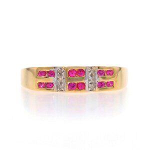 Yellow Gold Ruby & Diamond Cluster Band - 18k Round .39ctw Ring